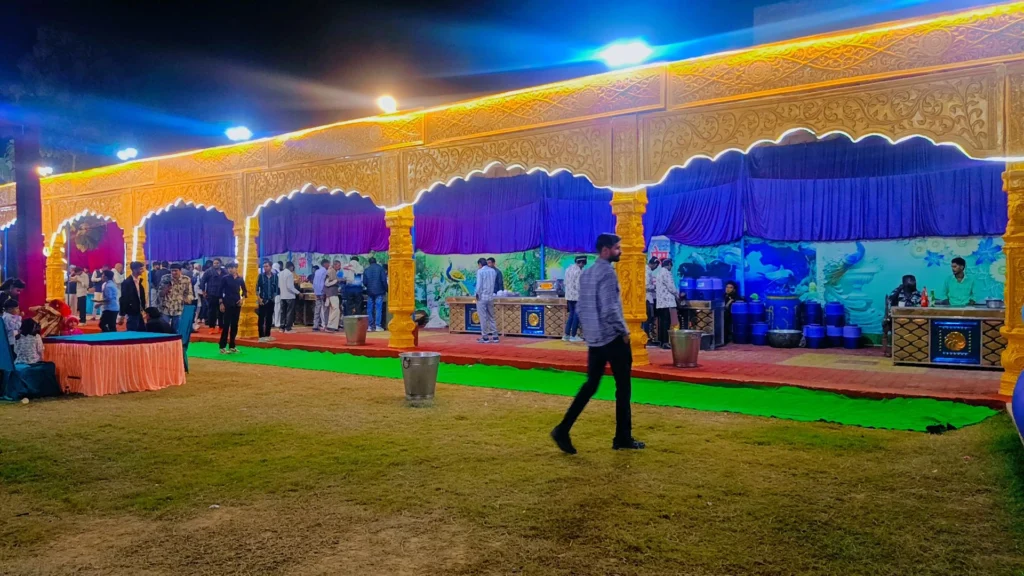 “Food court and catering setup at Prem Garden Bhiwani outdoor wedding venue with decoration Haryana”