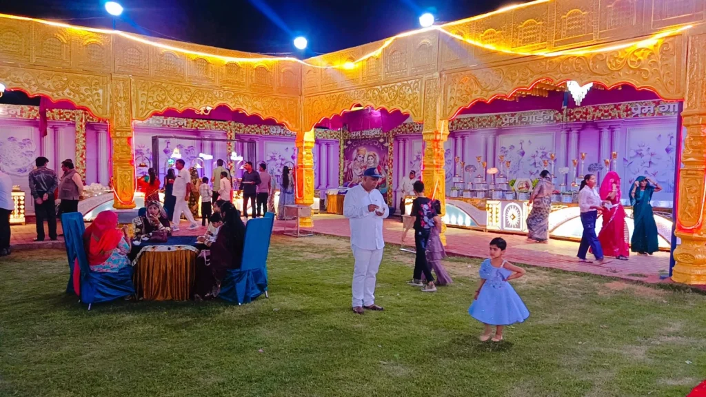 Grand wedding mandap decoration with golden theme and lighting in Bhiwani outdoor marriage garden